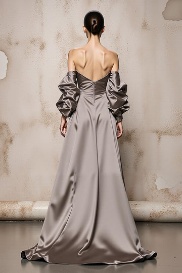 Silver Off The Shoulder Satin Long Evening Dress